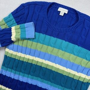 Appleseed's XL Cable Knit Sweater Blue Green Striped Crew Neck Long Sleeve